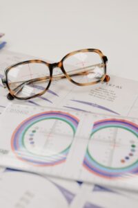 From above of lens ruler with illustration on paper with text and stylish spectacles on white background