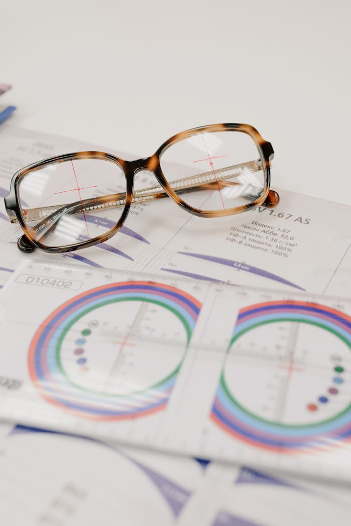 From above of lens ruler with illustration on paper with text and stylish spectacles on white background