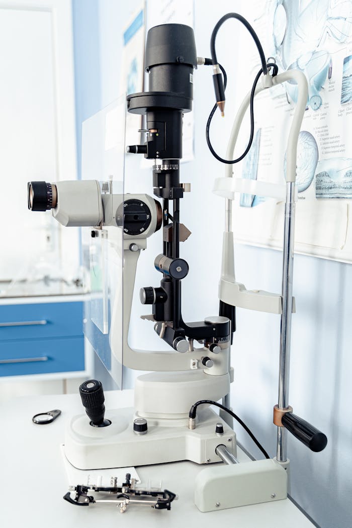 Close-up of a slit lamp biomicroscope in an eye care clinic.